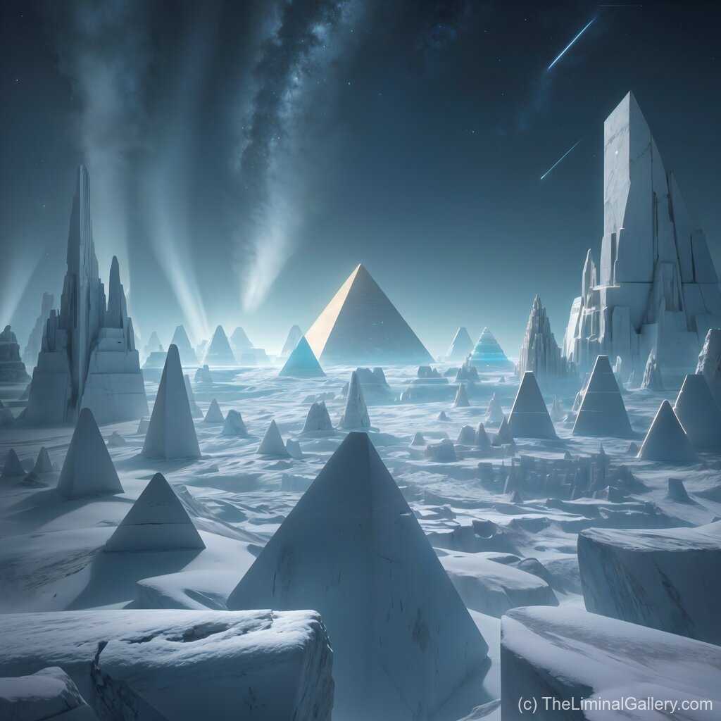 Frozen pyramids extending into a cosmic expanse, evoking timeless wonder, mystery, and surreal beauty.